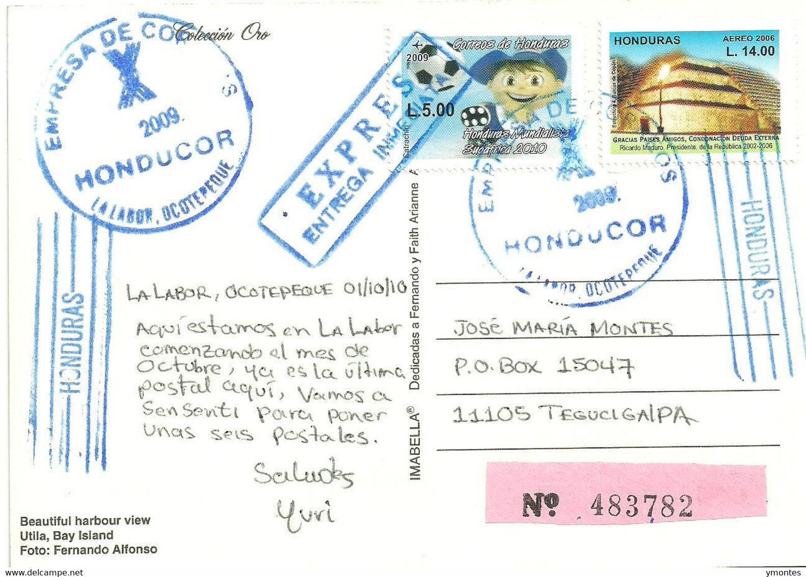 Circulated La Labor, Ocotepeque To Tegucigalpa 2010 , World Soccer South Africa 2010 Stamp - Honduras
