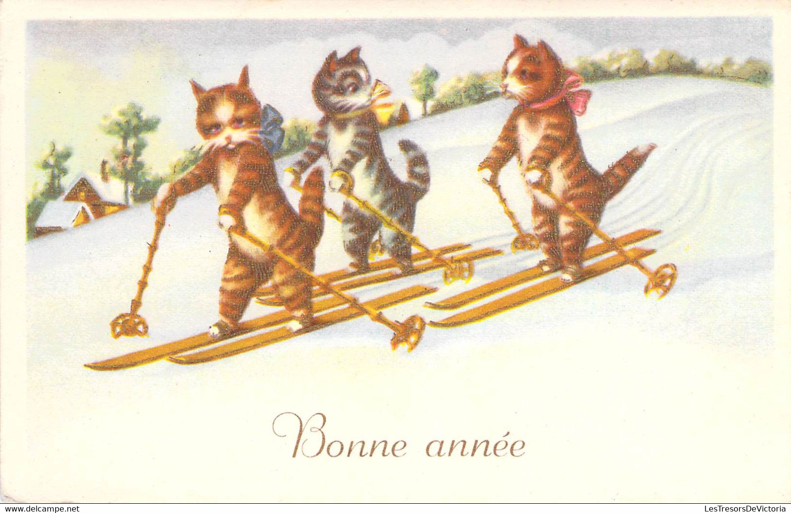 Fantaisies - Chatons Habillés Qui Font Du Ski - Bonne Année - Colorisé - Carte Postale Ancienne - Geklede Dieren