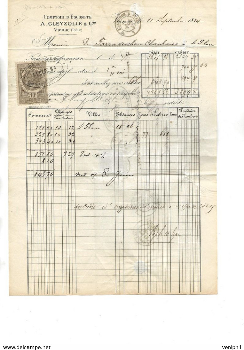 FACTURE TIMBREE  COMPTOIR D'ESCOMPTE  A . GLEYZOLLE VIENNE ISERE -1884 - - 1800 – 1899