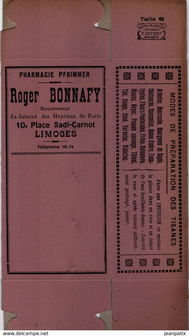 Boite Carton Pharmacie Herboristerie - Non Dépliée - Tisanes - Pharmacie BONNAFY - LIMOGES - Matériel Médical & Dentaire