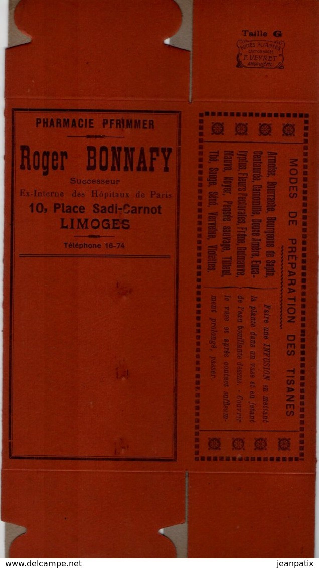 Boite Carton Pharmacie Herboristerie - Non Dépliée - Tisanes - Pharmacie BONNAFY - LIMOGES - Matériel Médical & Dentaire