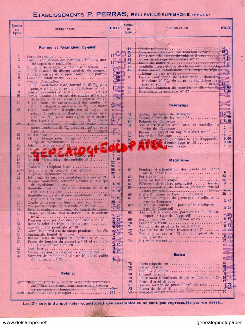 69- BELLEVILLE SUR SAONE- RARE TARIF N° 8- PIECES RECHANGE PULVERISATEUR  DELTA-IMPRIMERIE COHENDET LYON-AGRICULTURE - Agricoltura