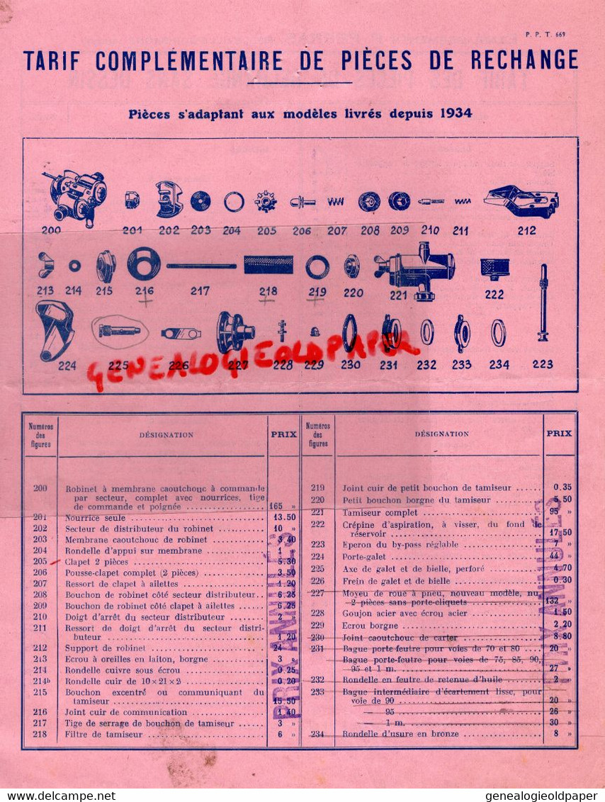 69- BELLEVILLE SUR SAONE- RARE TARIF N° 8- PIECES RECHANGE PULVERISATEUR  DELTA-IMPRIMERIE COHENDET LYON-AGRICULTURE - Agriculture