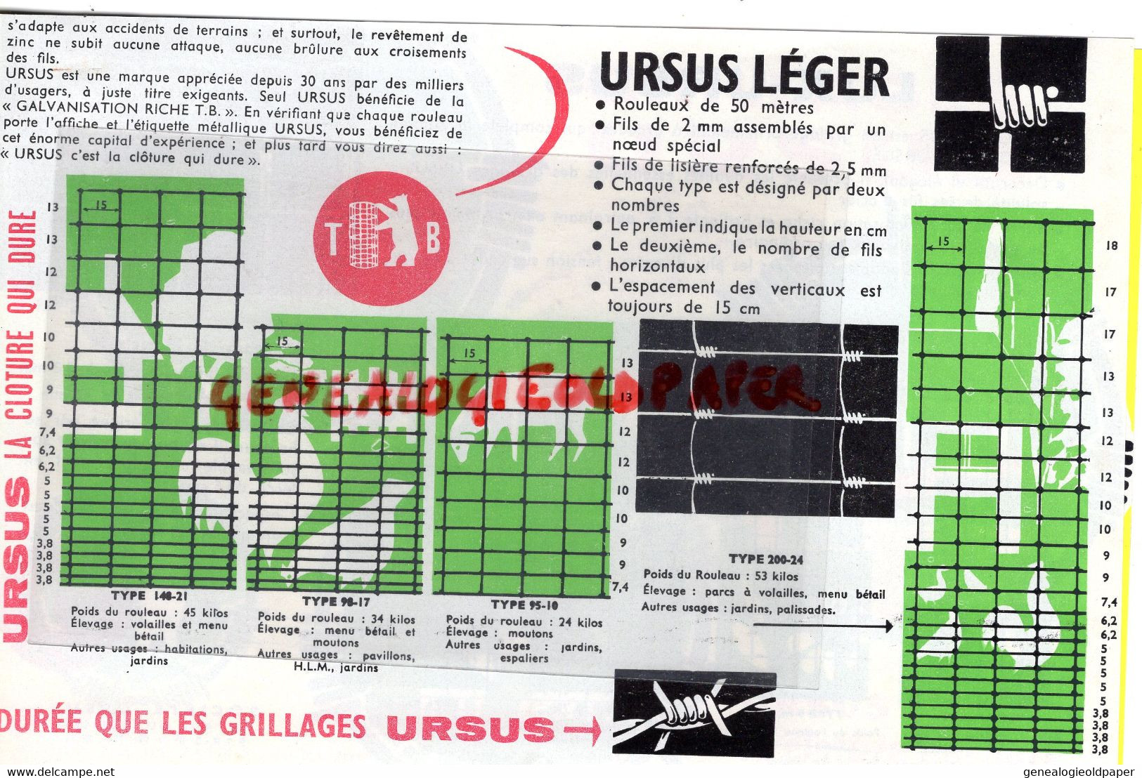 45- AMILLY MONTARGIS 75-PARIS- CATALOGUE CLOTURE AGRICULTURE TREILLAGE URSUS + TARIF 1962-GRILLAGES - 17 RUE DU COLISEE - Landbouw