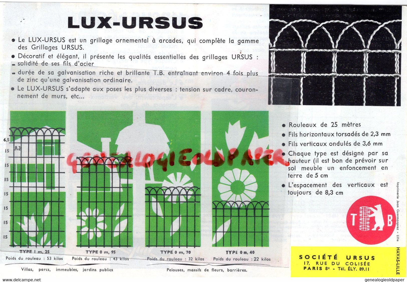 45- AMILLY MONTARGIS 75-PARIS- CATALOGUE CLOTURE AGRICULTURE TREILLAGE URSUS + TARIF 1962-GRILLAGES - 17 RUE DU COLISEE - Agricultura