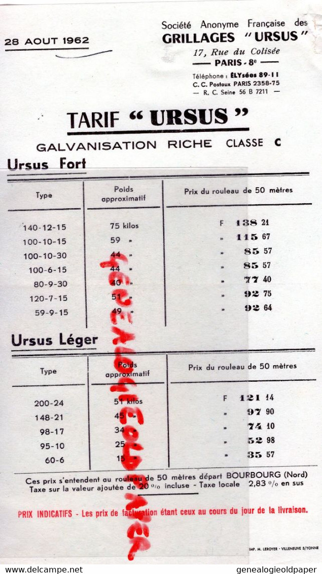 45- AMILLY MONTARGIS 75-PARIS- CATALOGUE CLOTURE AGRICULTURE TREILLAGE URSUS + TARIF 1962-GRILLAGES - 17 RUE DU COLISEE - Landbouw