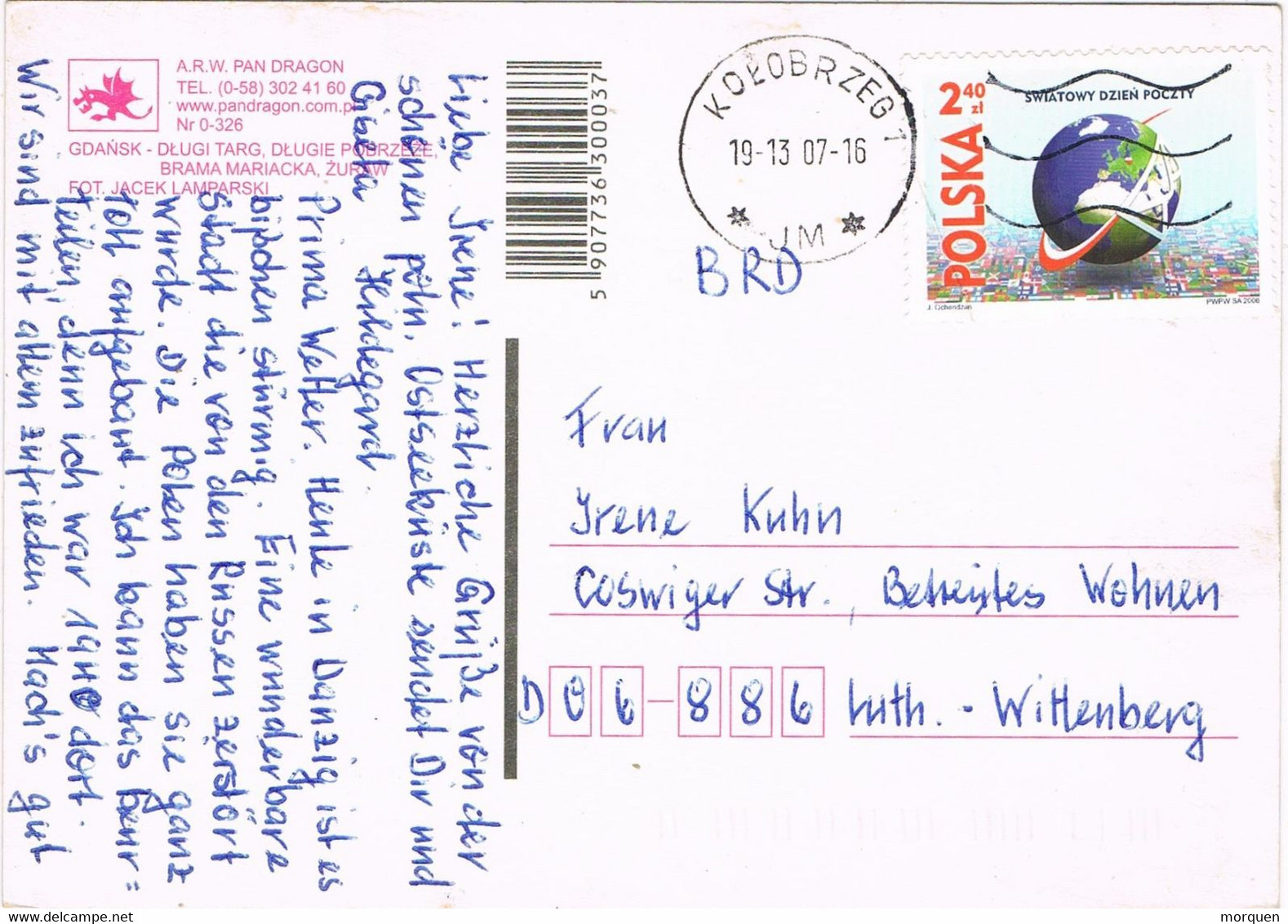 48968. Postal KOLOBRZEG (Polska) Polonia 2007 To Germany. Vistas De GDANSK - Storia Postale