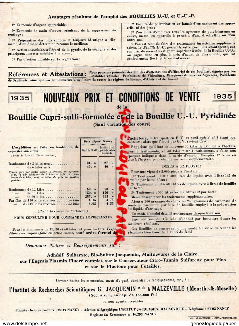 21- DIJON-MALZEVILLE NANCY-RARE PUBLICITE JACQUEMIN-MILDIOU- BOUILLIE-OIDIUM-COCHY  AGRICULTURE CULTURE VIGNE VINS -1935 - Landwirtschaft