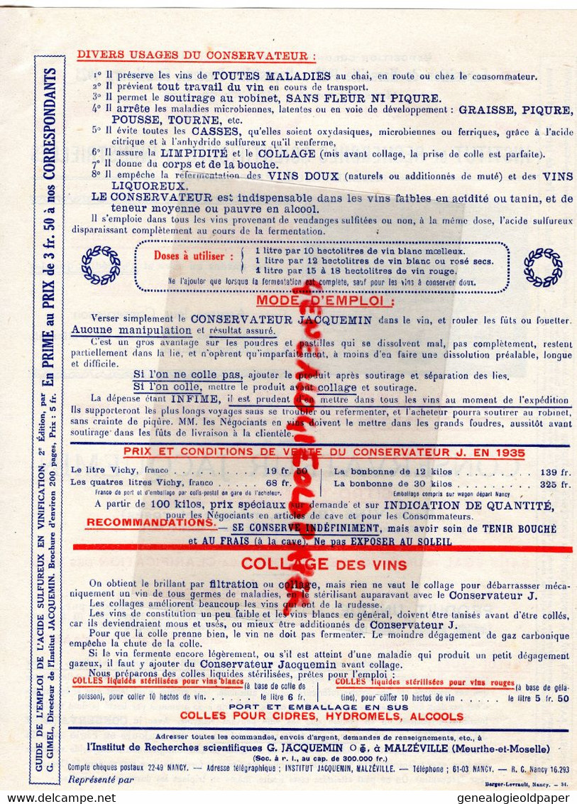 21- DIJON-MALZEVILLE NANCY-RARE PUBLICITE CONSERVATEUR JACQUEMIN-MILDIOU- GIMEL  AGRICULTURE CULTURE VIGNE VINS -1934 - Landwirtschaft