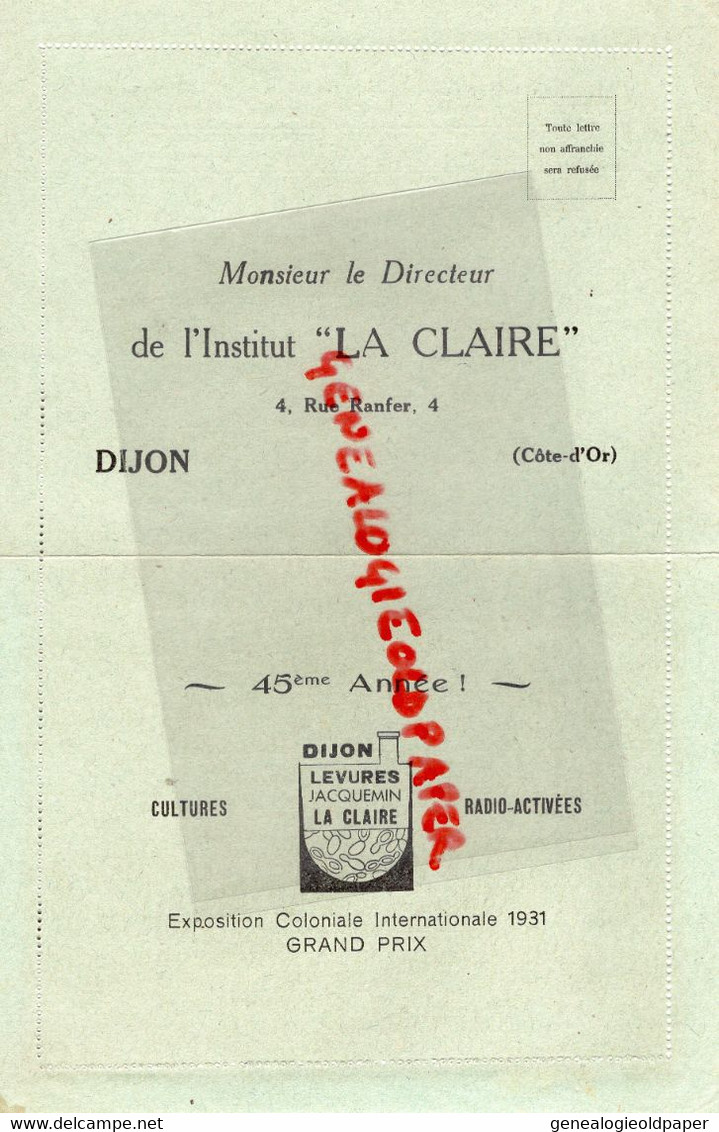 21-DIJON-54-MALZEVILLE NANCY-RARE CARTE LETTRE LA CLAIRE JACQUEMIN-MILDIOU-  AGRICULTURE CULTURE VIGNE VINS -1931 - Agricoltura