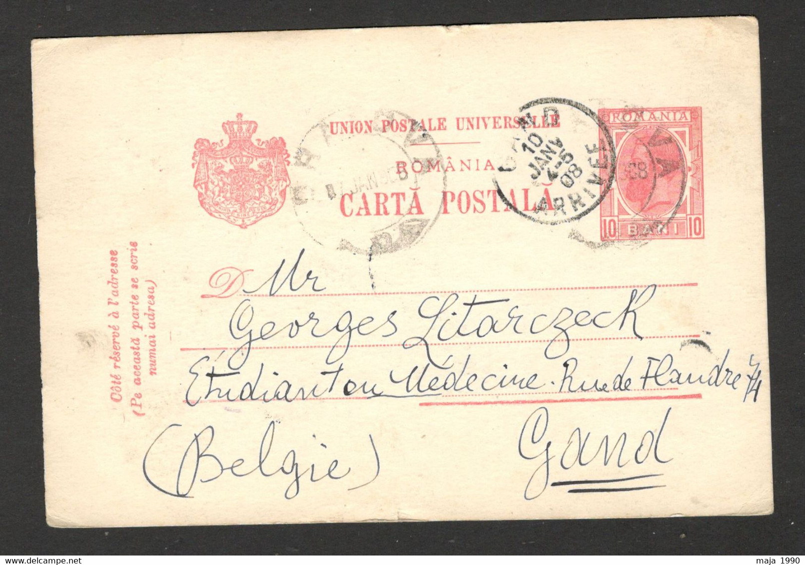 ROMANIA TO BELGIUM - POSTCARD - STATIONERY - 1908. - Otros & Sin Clasificación