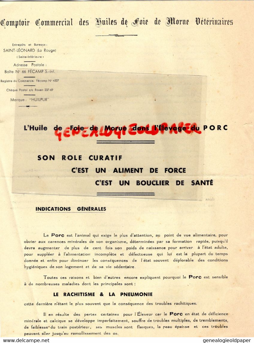 76- ST SAINT LEONARD LA ROUGE-FECAMP-RARE LETTRE HUILES HUILE FOIE MORUE VETERINAIRE ELEVAGE PORC-AGRICULTURE - Agricoltura