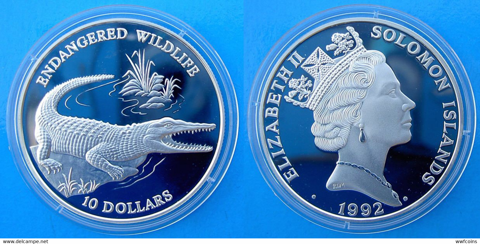 SOLOMON ISLANDS 10 $ 1992 ARGENTO PROOF ENDANGERED WILDLIFE SALTWATER CROCODILE PESO 31,47g TITOLO 0,925 CONSERVAZIONE F - Solomoneilanden