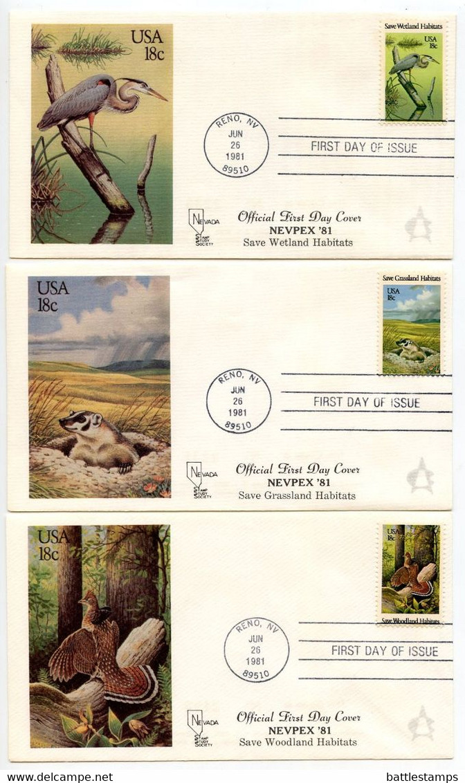 United States 1981 3 Andrews Cachet FDCs Scott 1921, 1922, 1924 Save Habitats - Blue Heron, Badger & Grouse - 1981-1990