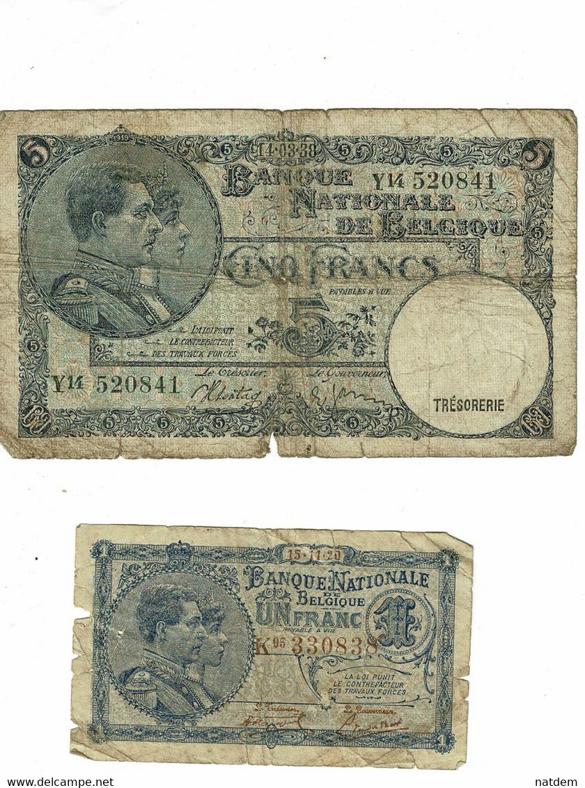 Belgique, (1920-1943), Billets Usagés : 1 Franc 15/11/20, 5 Francs 14/3/38 - 5 Francs