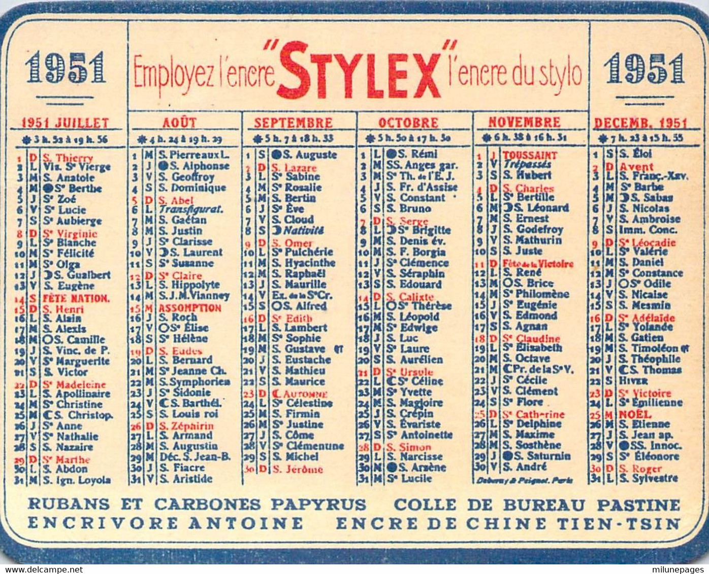 Calendrier De Poche 1951 Offert Par Les Encres Stylex Et Antoine - Small : 1941-60