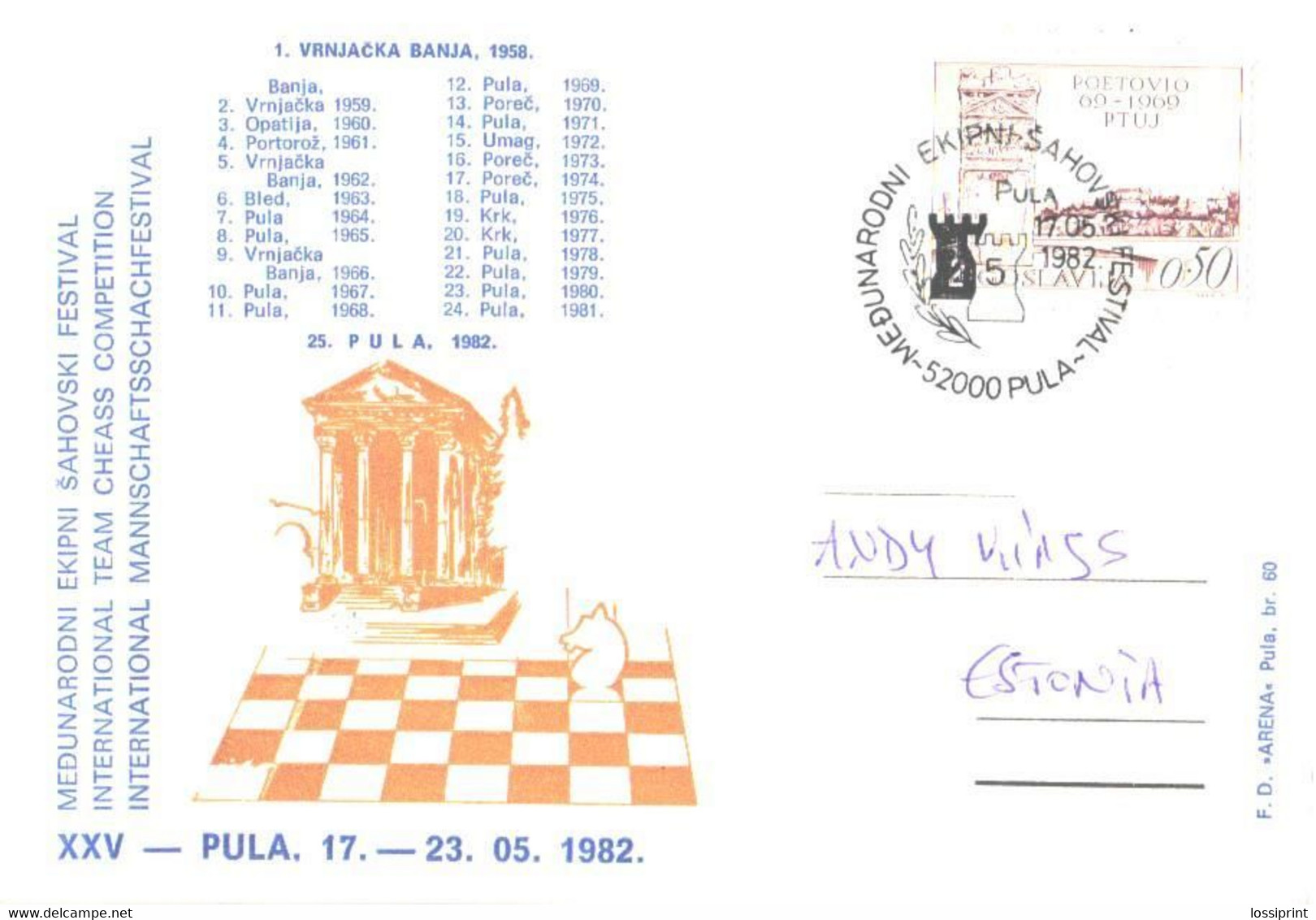 Jugoslavia:Jugoslavija:Yugoslavia:Maxi Card With Special Cancellation XXV International Team Chess Competition,Pula,1982 - Cartes-maximum