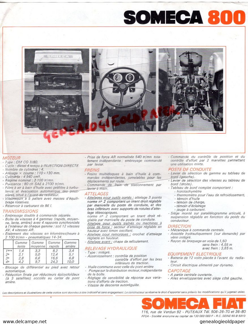 92- PUTEAUX- PROSPECTUS PUBLICITE SOMECA FIAT-TRACTEUR SOMECA 800-  116 RUE DE VERDUN - Landbouw