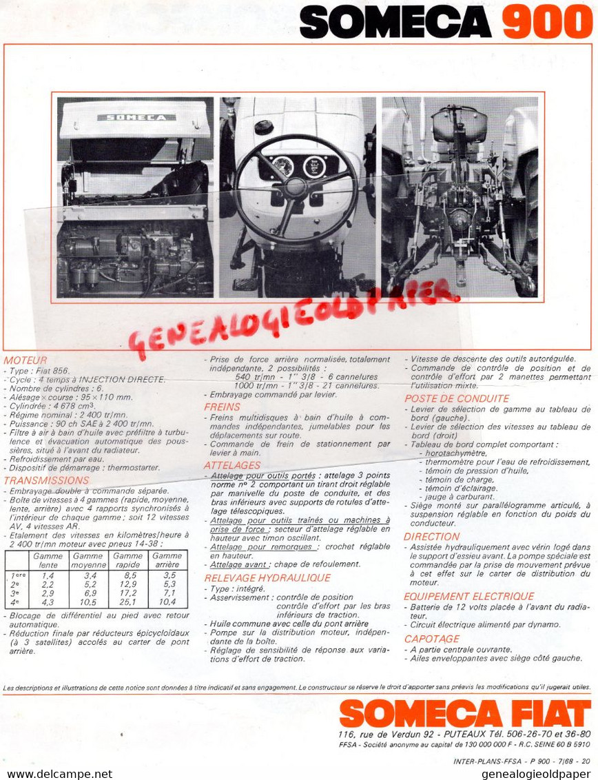 92- PUTEAUX- PROSPECTUS PUBLICITE SOMECA FIAT-TRACTEUR SOMECA  900-  116 RUE DE VERDUN- AGRICULTURE - Landbouw