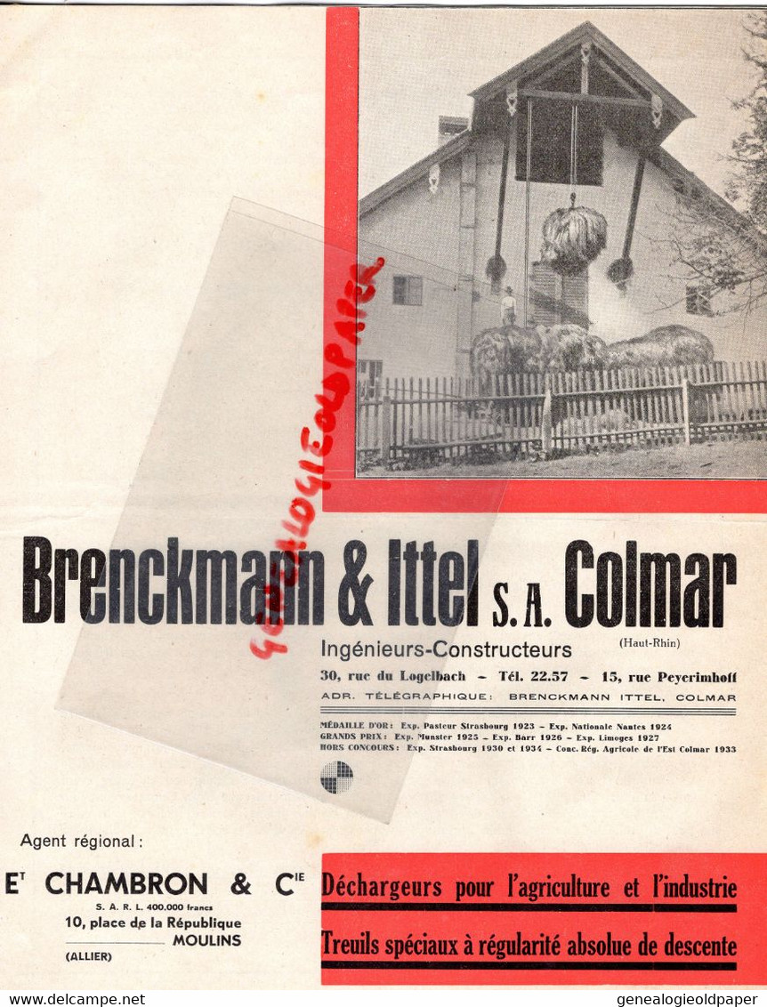 68-COLMAR-03-MOULINS-RARE PUBLICITE BRENCKMANN ITTEL-DECHARGEURS AGRICULTURE- ETS. CHAMBON 10 PLACE REPUBLIQUE 1936 - Landbouw