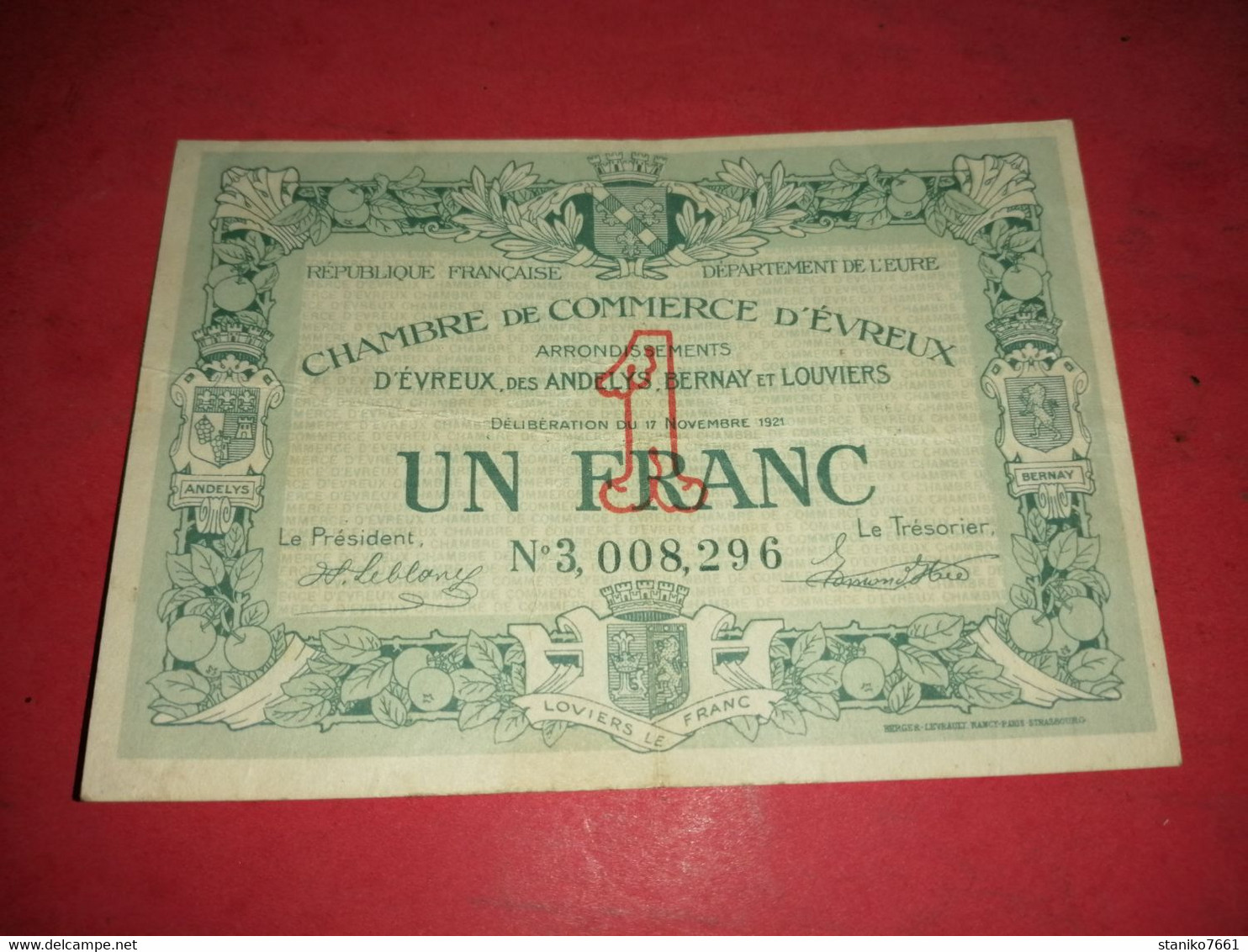 BILLET DE 1 FRANC CHAMBRE DE COMMERCE D'EVREUX NUMEROS 1 INVERSER AU RECTO - Sonstige & Ohne Zuordnung