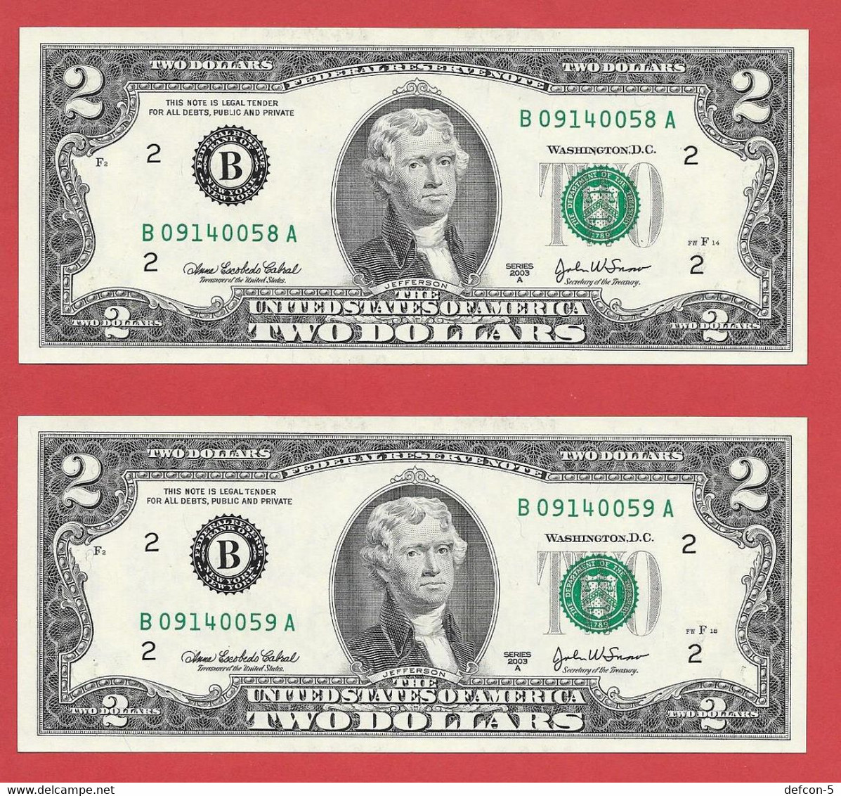 Rarität ! 2X 2 US-Dollar Fortlaufend Auf Informations-Blatt [2003] > B 09140058 A + ...59 A < {$002-019BL} - National Currency
