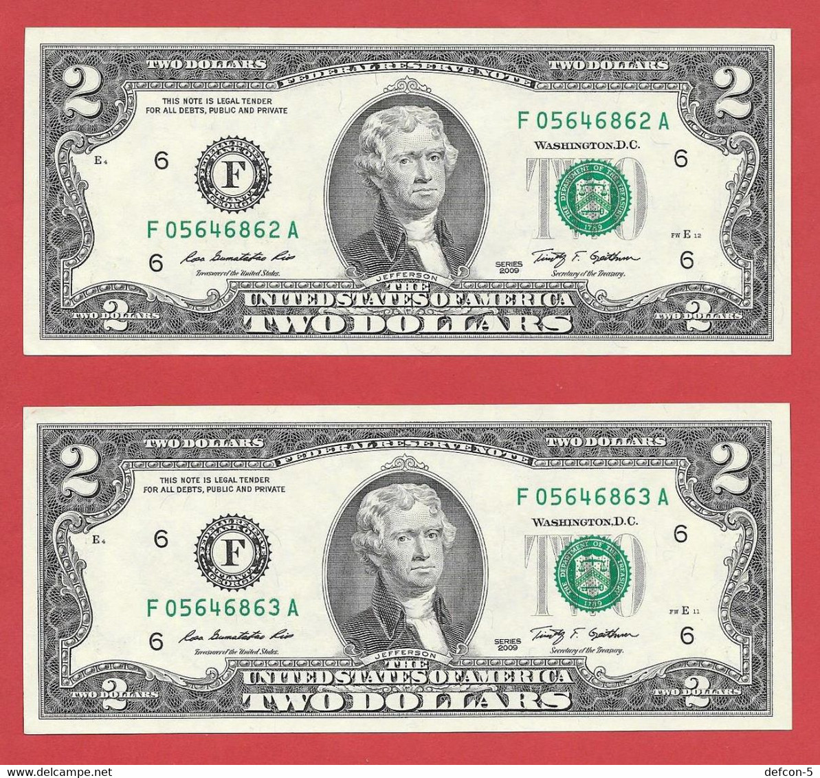 Rarität ! 2X 2 US-Dollar Fortlaufend Auf Informations-Blatt [2009] > F 05646862 A + ...63 A < {$002-023BL} - National Currency