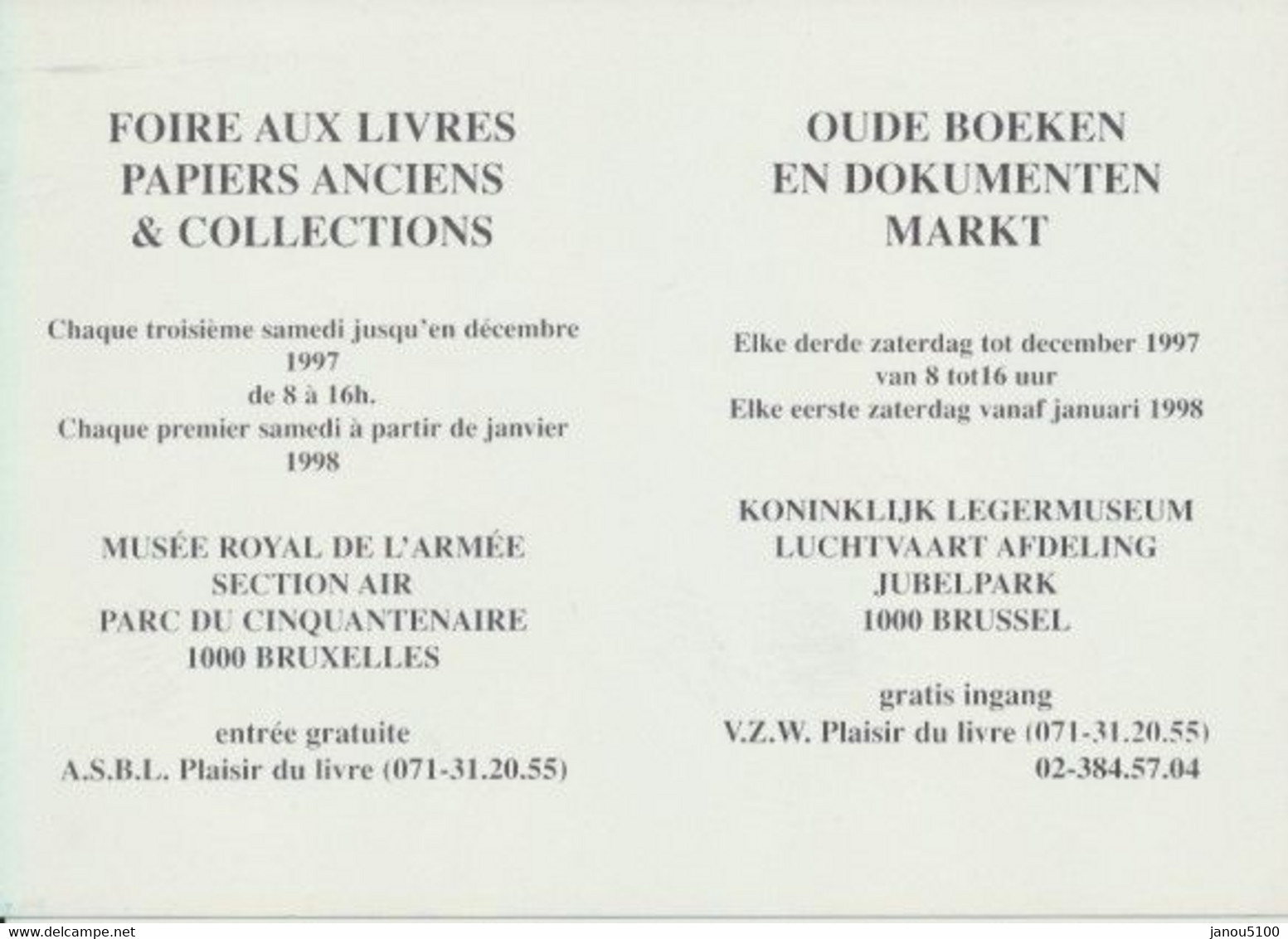 VIEUX PAPIERS          PETITE CARTE      Horaire D'une Foire Aux Livres Et Collections    à Bruxelles. - Europa