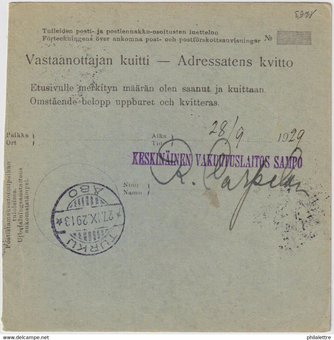 FINLANDE / SUOMI FINLAND 1929 PETÄJÄVESI To TURKU/ÅBO - Postiosoitus / Money-Order Card - Cartas & Documentos