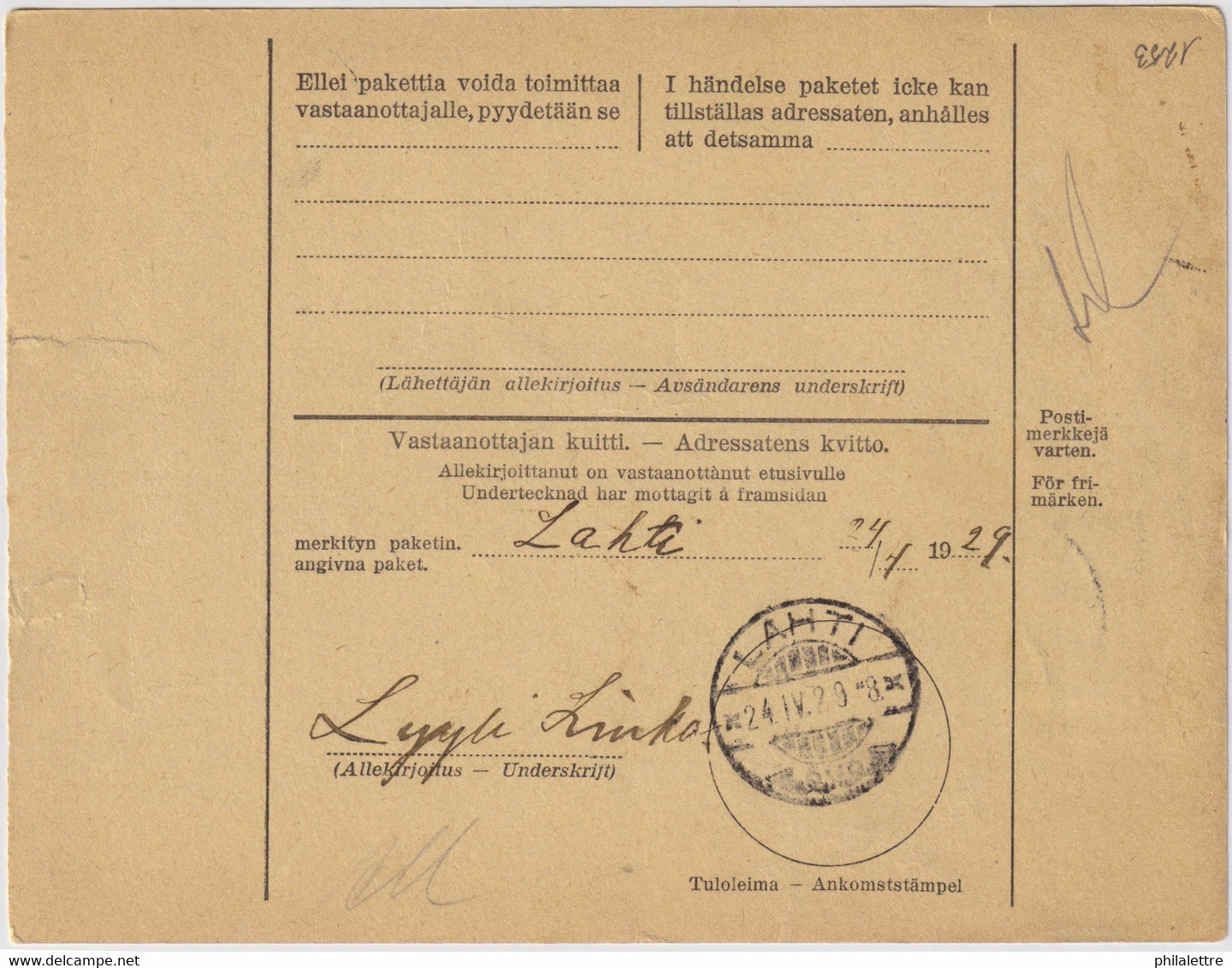 FINLANDE / SUOMI FINLAND 1929 TURKU To LAHTI - Osoitekortti / Packet Post Address Card - Briefe U. Dokumente