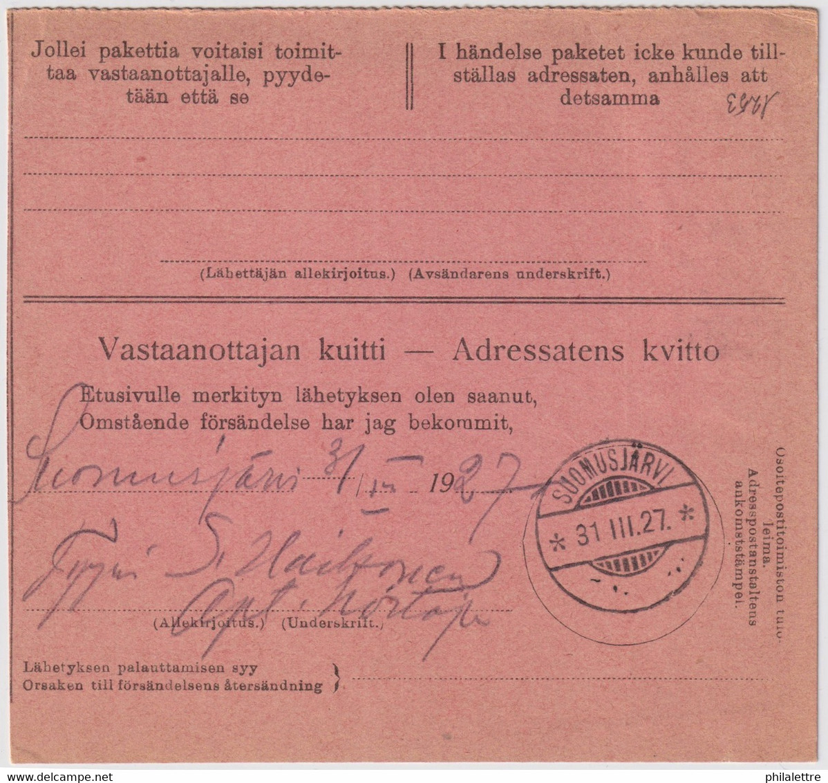 FINLANDE / SUOMI FINLAND 1927 HELSINKI To SUOMUSJÄRVI - Postiennakko-Osoitekortti / COD Address Card - Briefe U. Dokumente