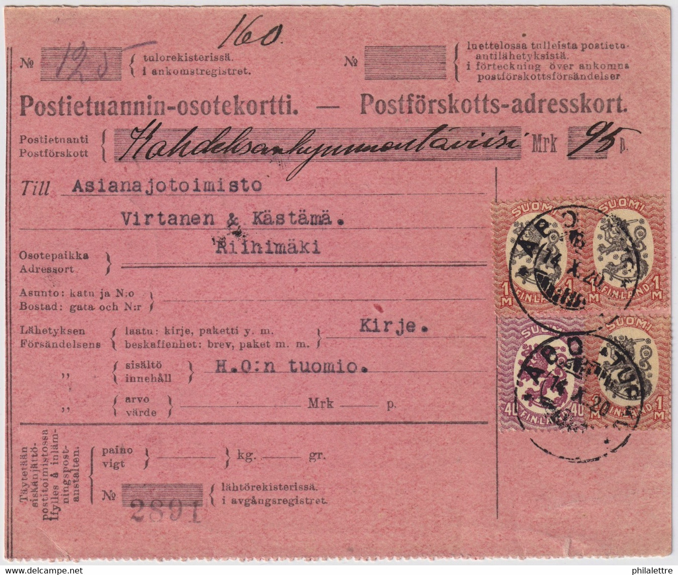 FINLANDE / SUOMI FINLAND 1920 ÅBO-TURKU To RIIHIMÄKI - Postiennakko-Osoitekortti / COD Address Card - Storia Postale
