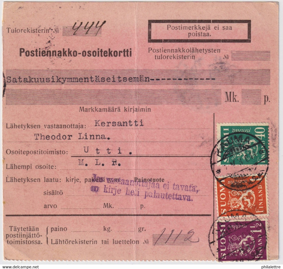 FINLANDE / SUOMI FINLAND 1930 RAUMA To UTTI - Postiennakko-Osoitekortti / COD Address Card - Brieven En Documenten