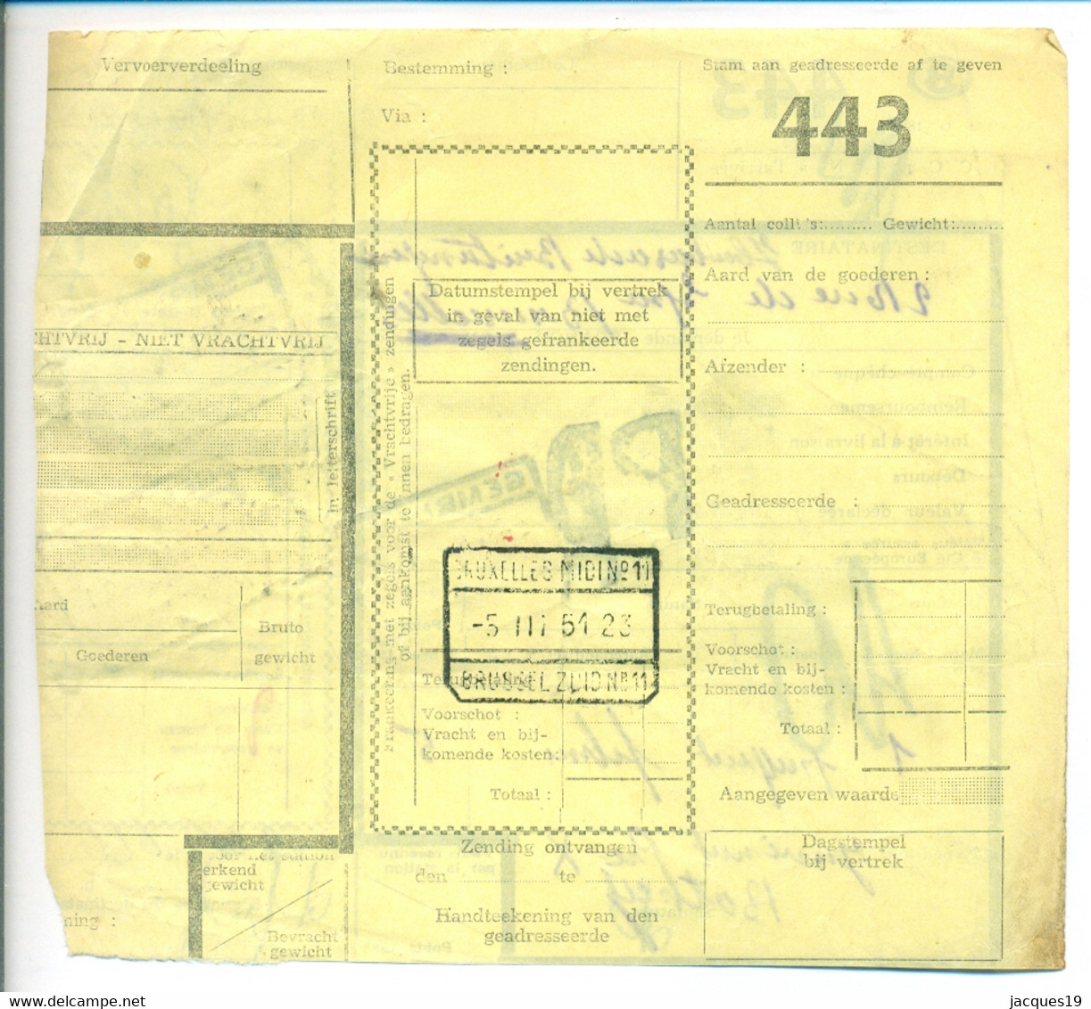 Belgique 1951 Bordereau De Collis à Bruxelles - Dokumente & Fragmente