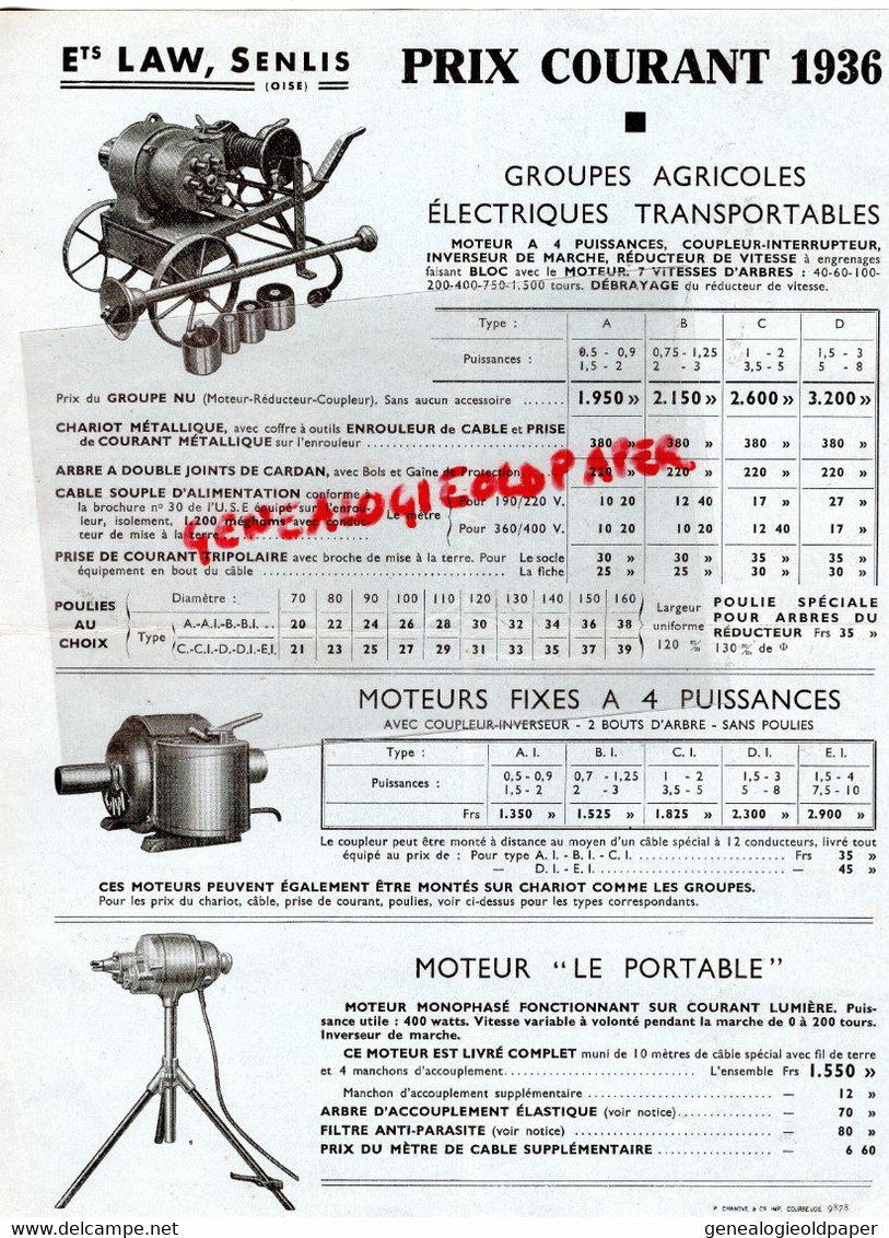 60-SENLIS- PROSPECTUS PUBLICITE ETS. LAW -LE BLOC LAW-MACHINE AGRICOLE -1936  AGRICULTURE - Agricoltura