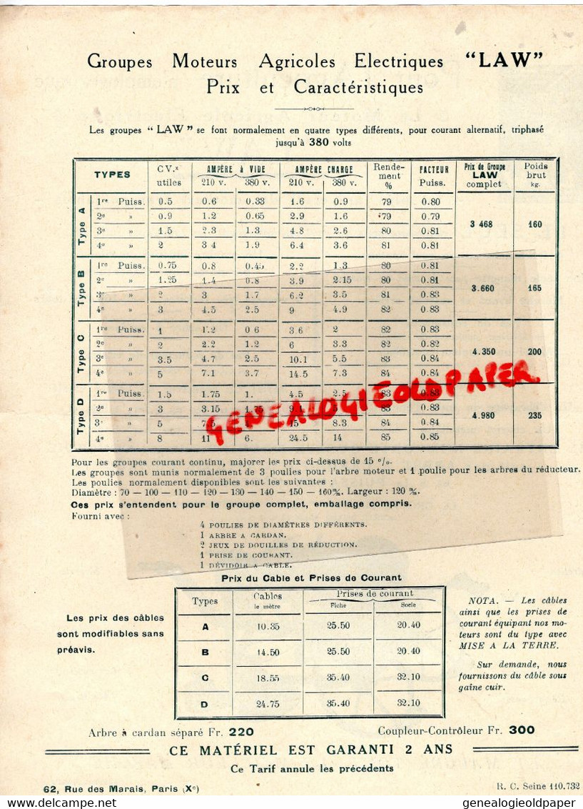 60-SENLIS- PROSPECTUS PUBLICITE ETS. LAW -LE BLOC LAW-MACHINE AGRICOLE -MOTEUR ELECTRIQUE -AGRICULTURE - Agriculture