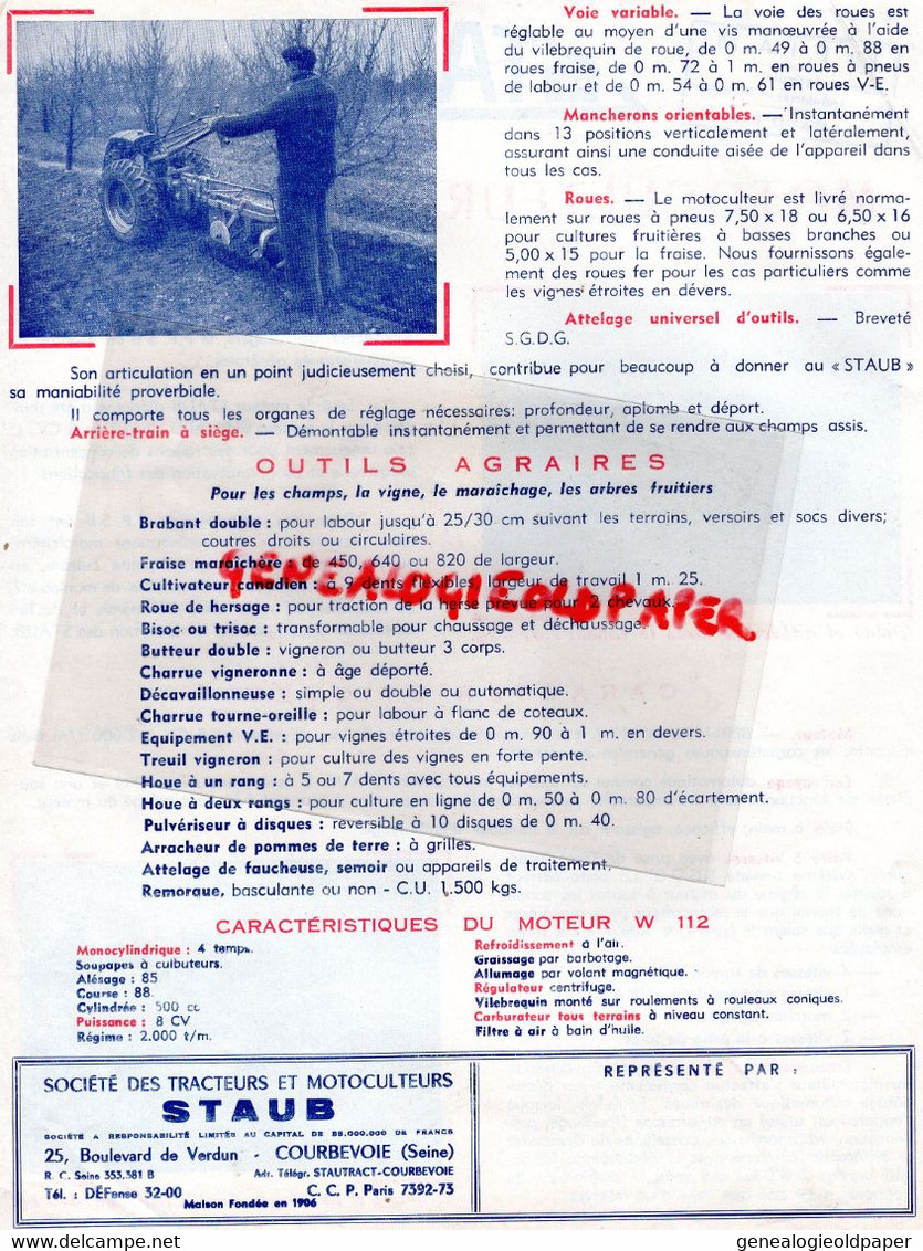 92- COURBEVOIE-RARE PROSPECTUS PUBLICITE STAUB -TRACTEUR MOTOCULTEUR P P 5 B- 8CV- ETS FIAM ST SAINT AMAND CHER - Landbouw