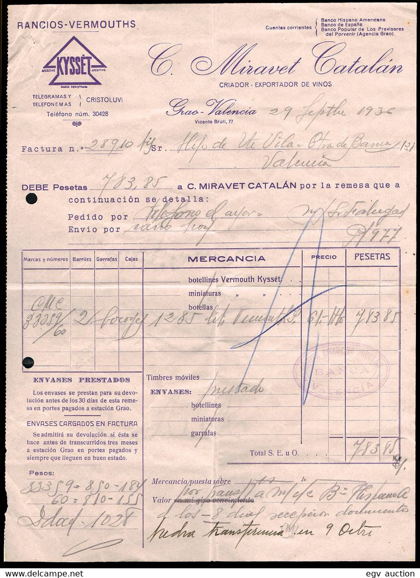 Valencia - 1936 - Factura "Miravet Catalán - Exportador De Vinos" + Cuño "Comité Ejecutivo Popular - Banca - Valencia" - Spanje