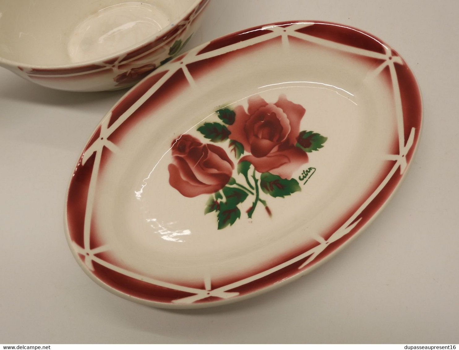 *SAUCIERE & RAVIER CERAMIQUE ART DECO DIGOIN CIBON décor de roses TABLE  E