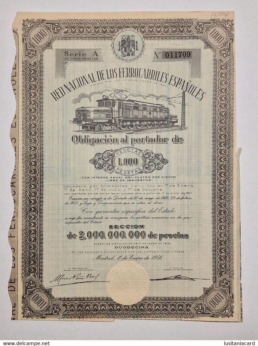 SPAIN -Red Nacional De Los Ferrocarriles Españoles-Obligación Al Portador De 1000 Pesetas Nº 011709 -1º De Enero De 1956 - Transport