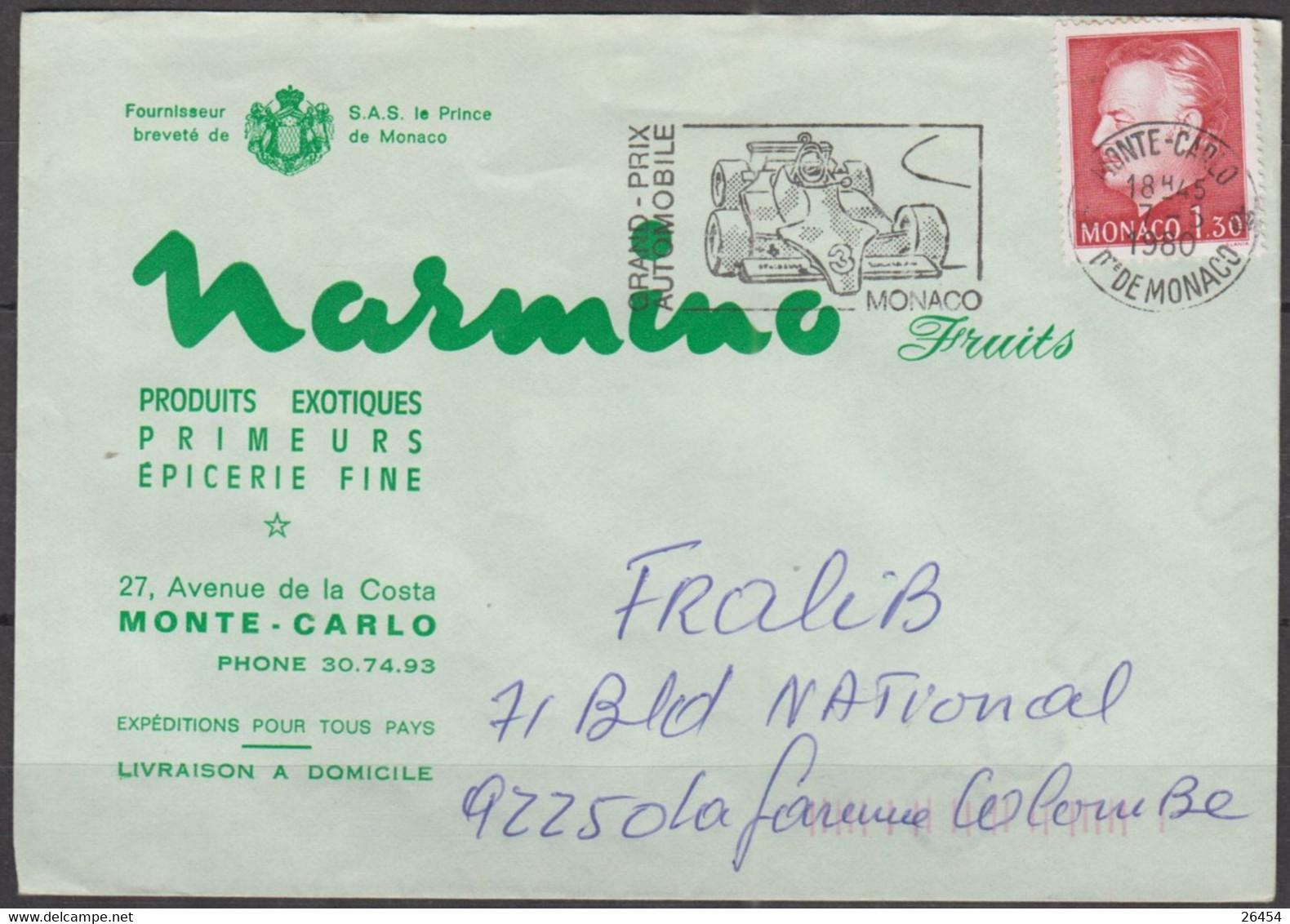 MONACO Le 7 5 1980 Flamme " Grand Prix Automobile " Sur Enveloppe PUBLICITAIRE  " NARMINO Fruits " Avec Timbre 1f30 - Briefe U. Dokumente