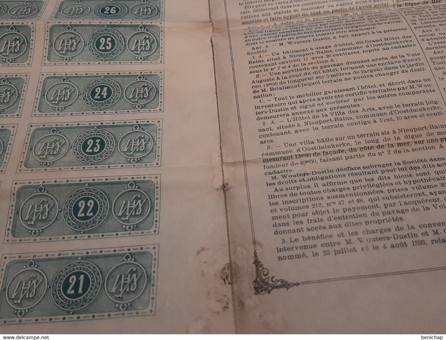 Grands Hôtels & Villas à Nieuport-Bains S.A. - Action Privilégiée De 250 Frs. - Bruxelles 24 Décembre 1921. - Tourism