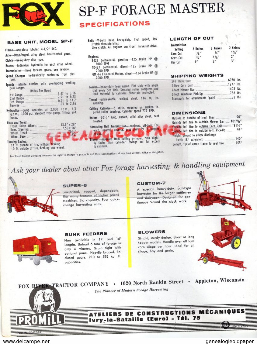 27- IVRY LA BATAILLE-RARE CATALOGUE PROMILL-FOX RIVER TRACTOR APPLETON WISCONSIN- AGRICULTURE-MACHINE AGRICOLE TRACTEUR - Landbouw