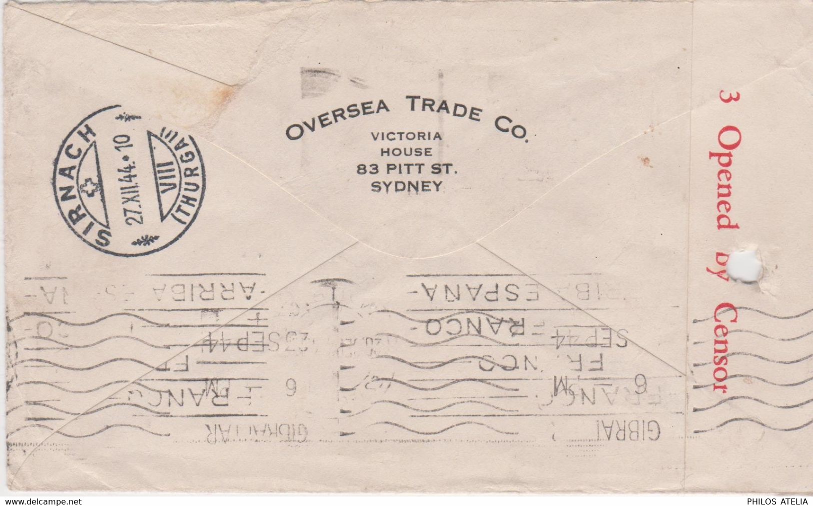 Australia Cachets Sydney 21 AUG 1944 N.S. WAUST + 3 Passed By Censor 5 YT Poste Aérienne N°5 Seul Sur Lettre - Covers & Documents