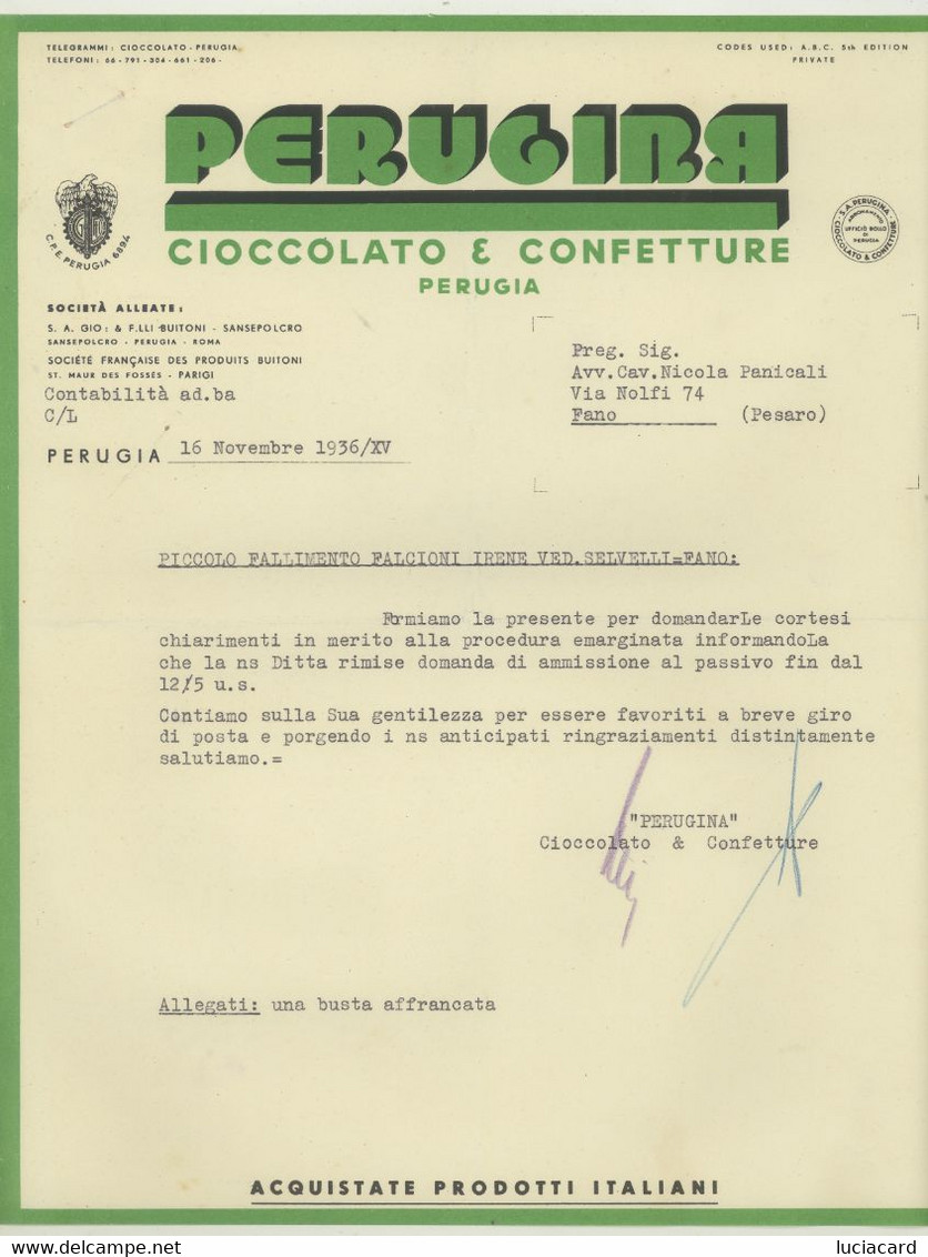 PERUGIA -PERUGINA -CIOCCOLATO E CONFETTURE -PERUGIA -F.LLI BUITONI -SANSEPOLCRO 1936 - Chocolate