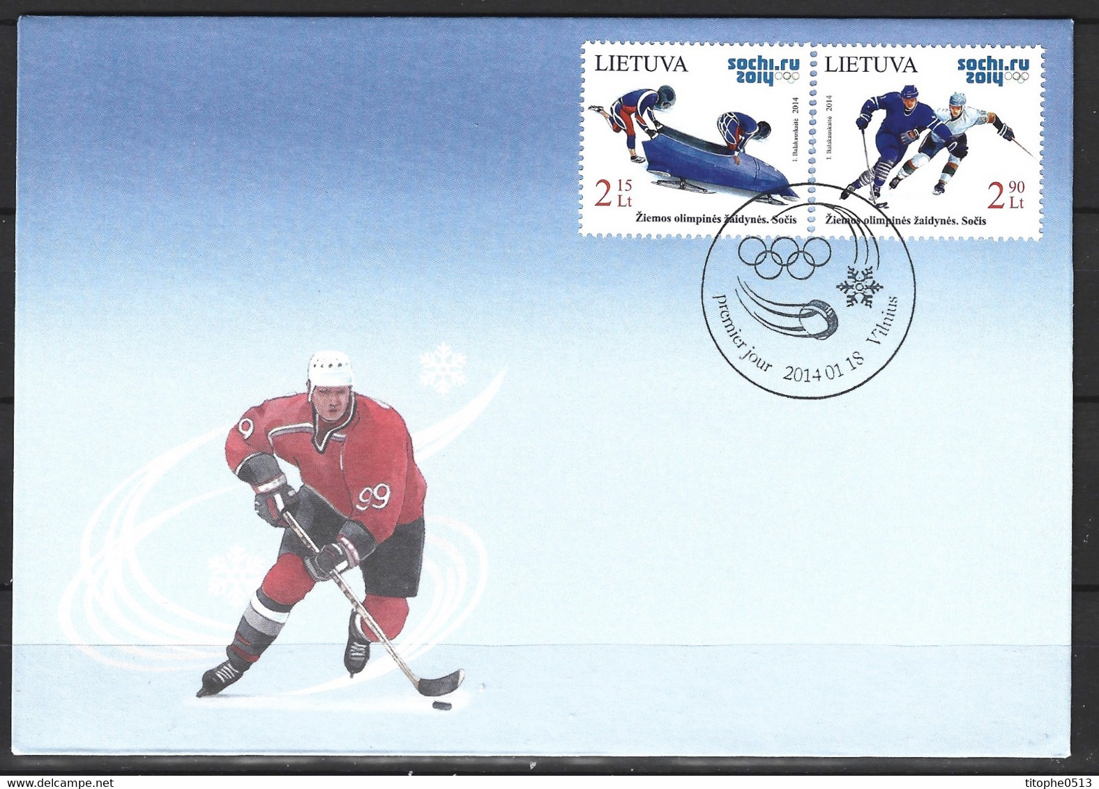 LITUANIE. N°1006-7 De 2014 Sur Enveloppe 1er Jour. J.O. De Sotchi/Hockey Sur Glace/Bobsleigh. - Winter 2014: Sotchi