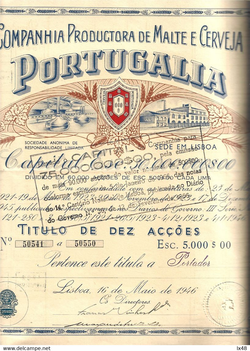 Beer. Title Of 10 Shares Of The Malt And Beer Company - Portugália, 1946. Barley. Old Germania Beer. Bier. Titel Von 10 - A - C