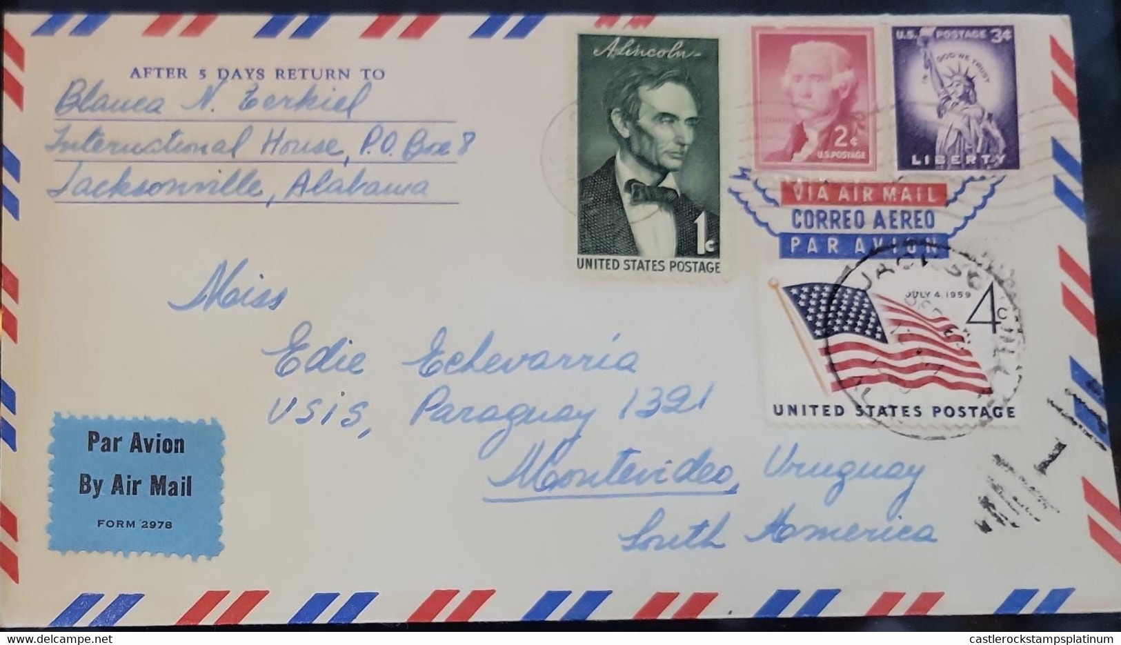 D)1959, UNITED STATES, CIRCULATED COVER FROM NEW YORK TO URUGUAY, AIR MAIL, ABRAHAM LINCOLN'S BIRTH ANNIVERSARY, 1809 - - Verzamelingen