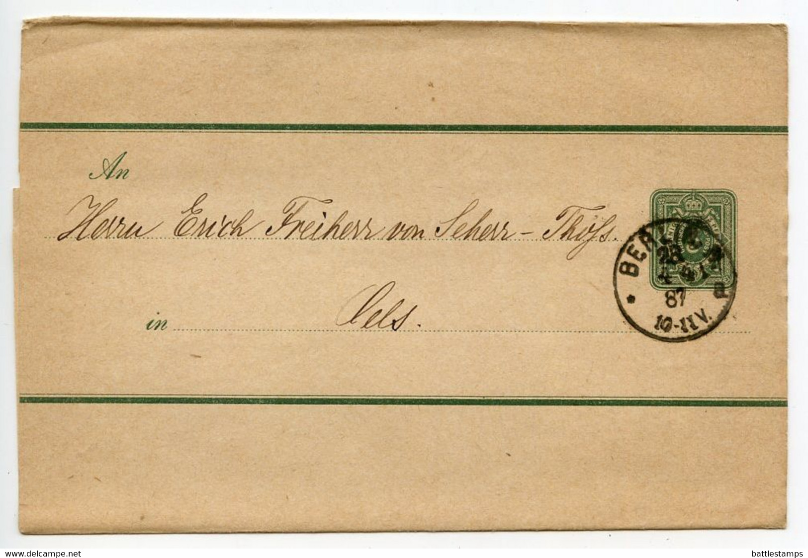 Germany 1887 3pf Crown Wrapper, Berlin To Oels - Other & Unclassified