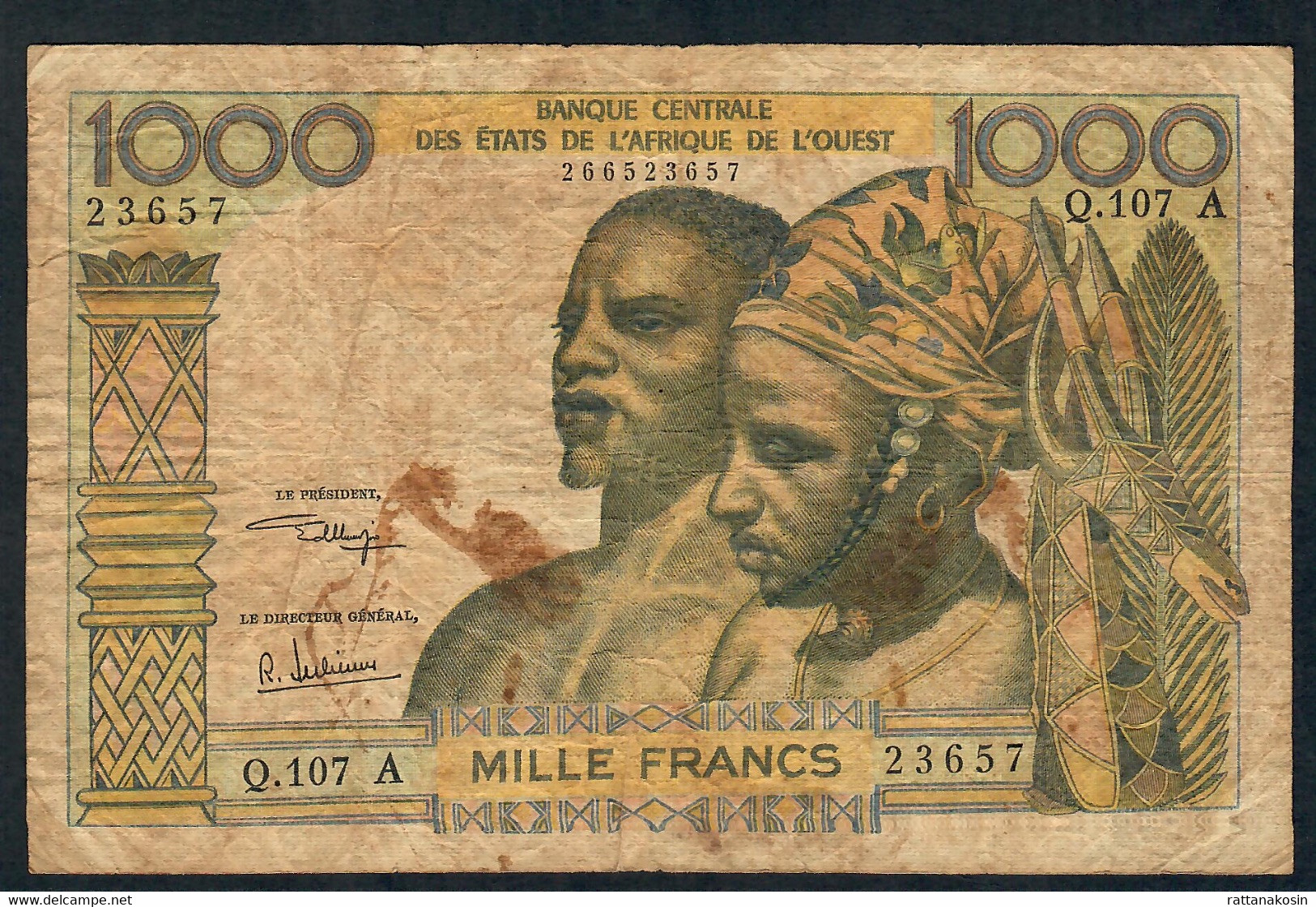 W.A.S. IVORY COAST P103Aj 1000 FRANCS TYPE 1959 Issued 1975 SIGNATURE 9 FINE - Westafrikanischer Staaten
